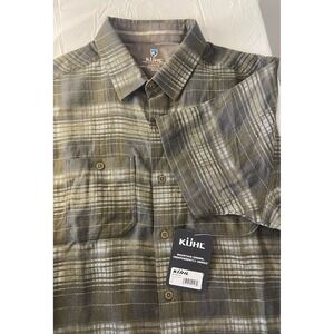 Kuhl Shaded Moss Dark Plaid‎ Linen Blend Tagless Shirt-Metal Buttons-Size L-NWT